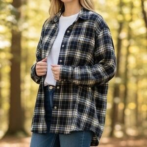 RedHead XL Navy Blue Olive Green Plaid Flannel Button Down Shirt Long Sleeve